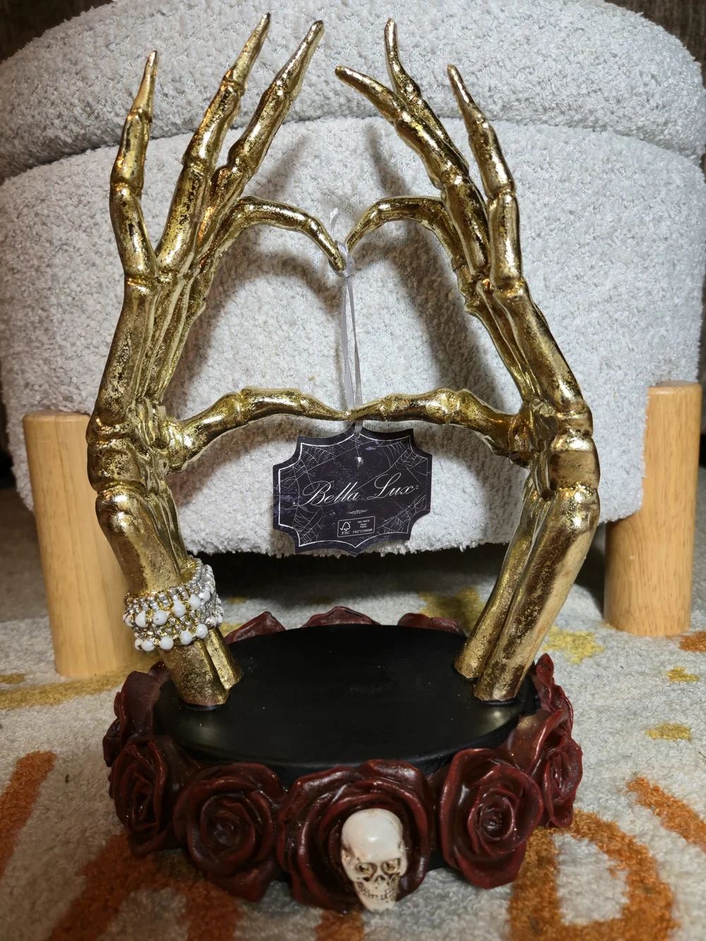 Gold Skeleton Heart Hands Sculpture Halloween Rose Base Gothic Decor NWT